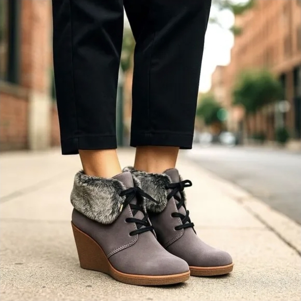 Cole Haan Coralie Wedge Bootie, Grey Waterproof Suede, Womens size 7B